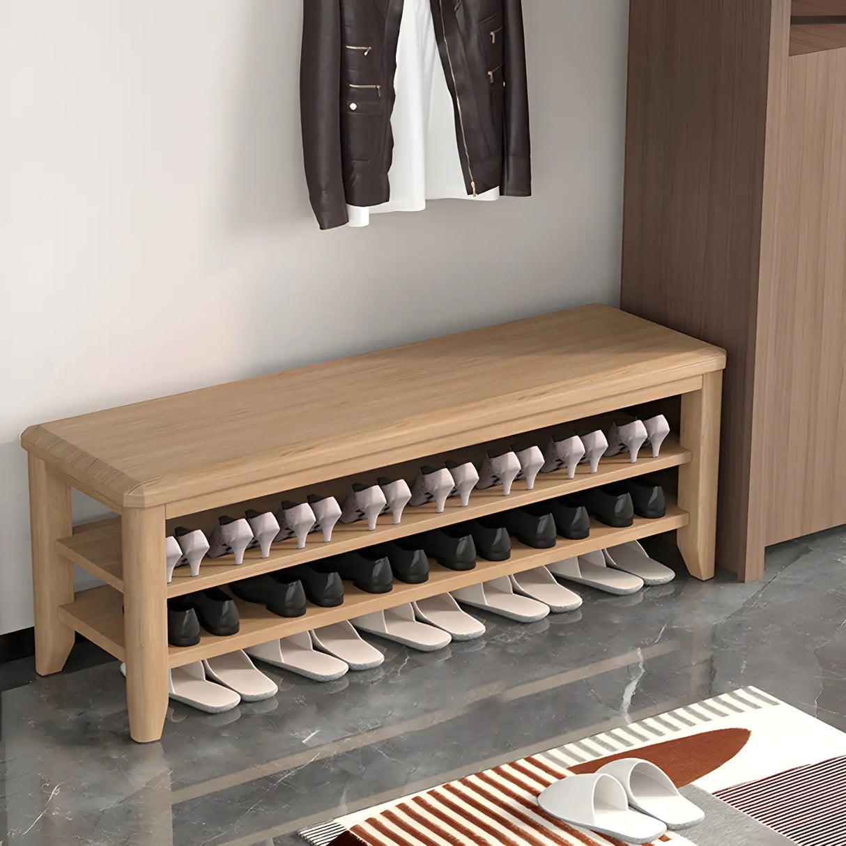 Walnut Rubberwood Entryway Bench with Shoe Storage Image - 24