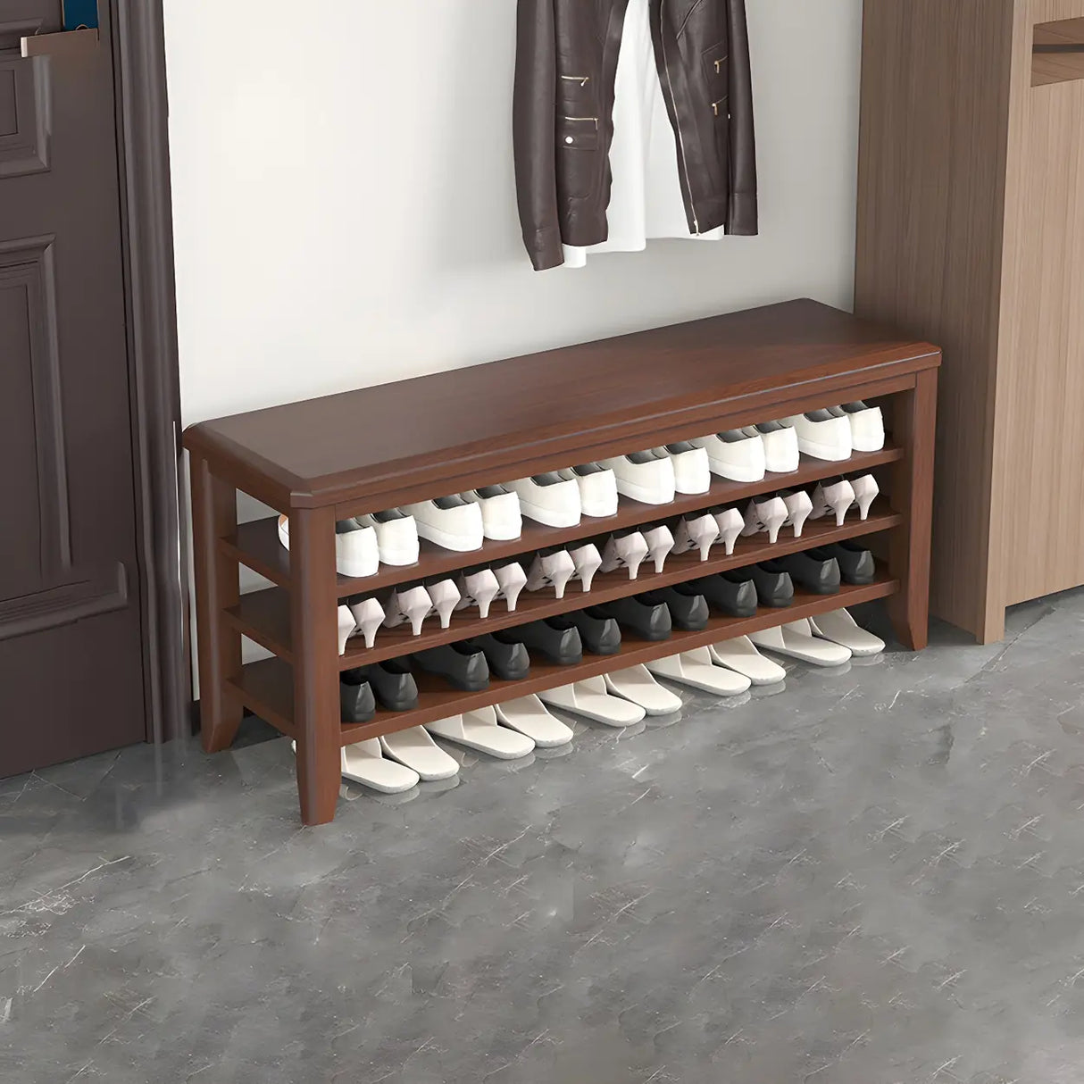Walnut Rubberwood Entryway Bench with Shoe Storage Image - 25