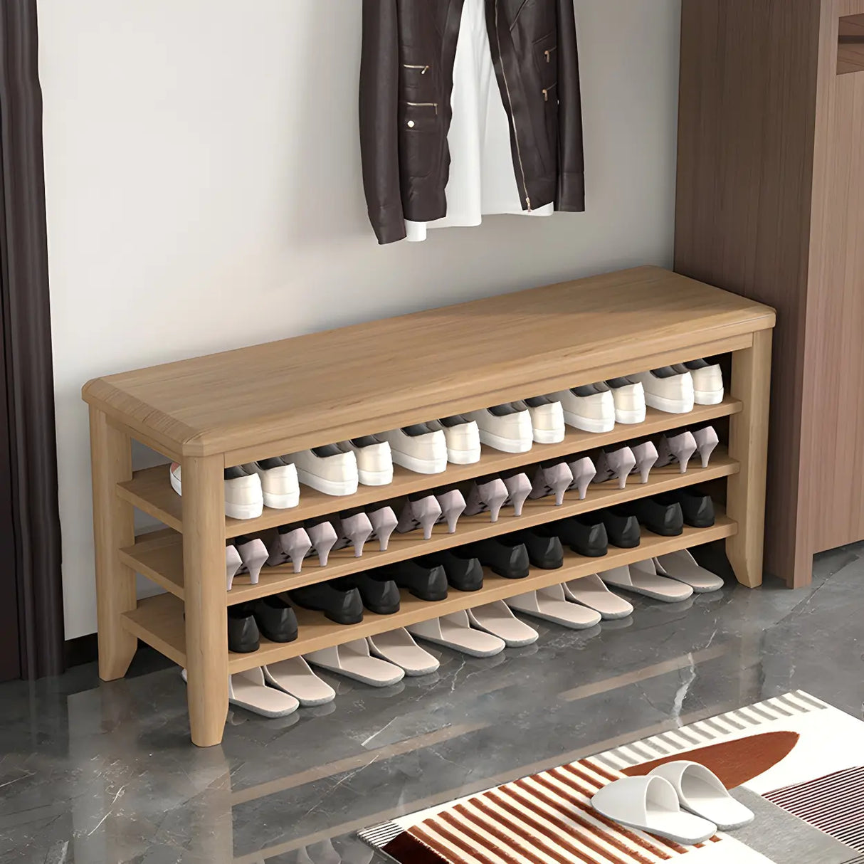 Walnut Rubberwood Entryway Bench with Shoe Storage Image - 26