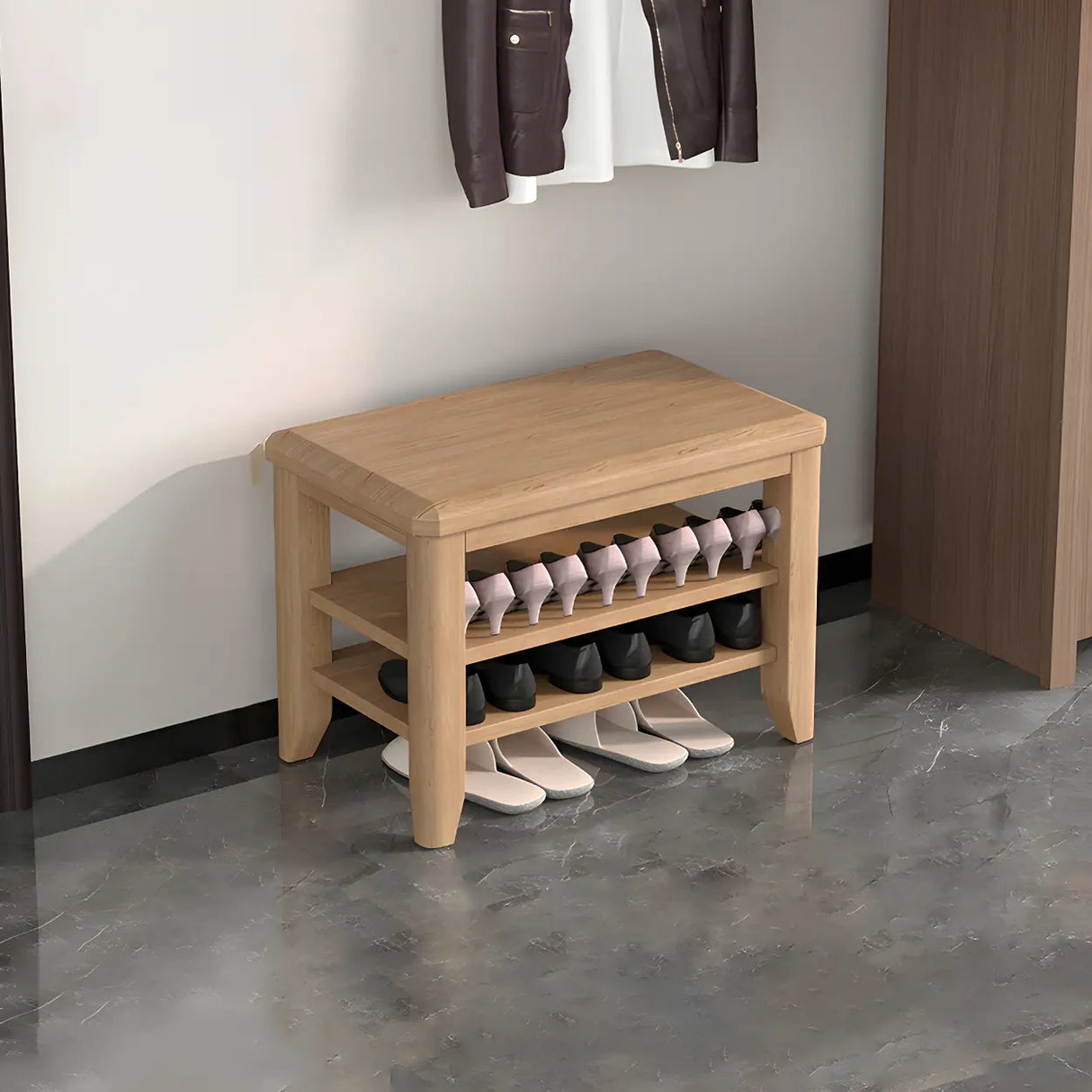 Walnut Rubberwood Entryway Bench with Shoe Storage Image - 4