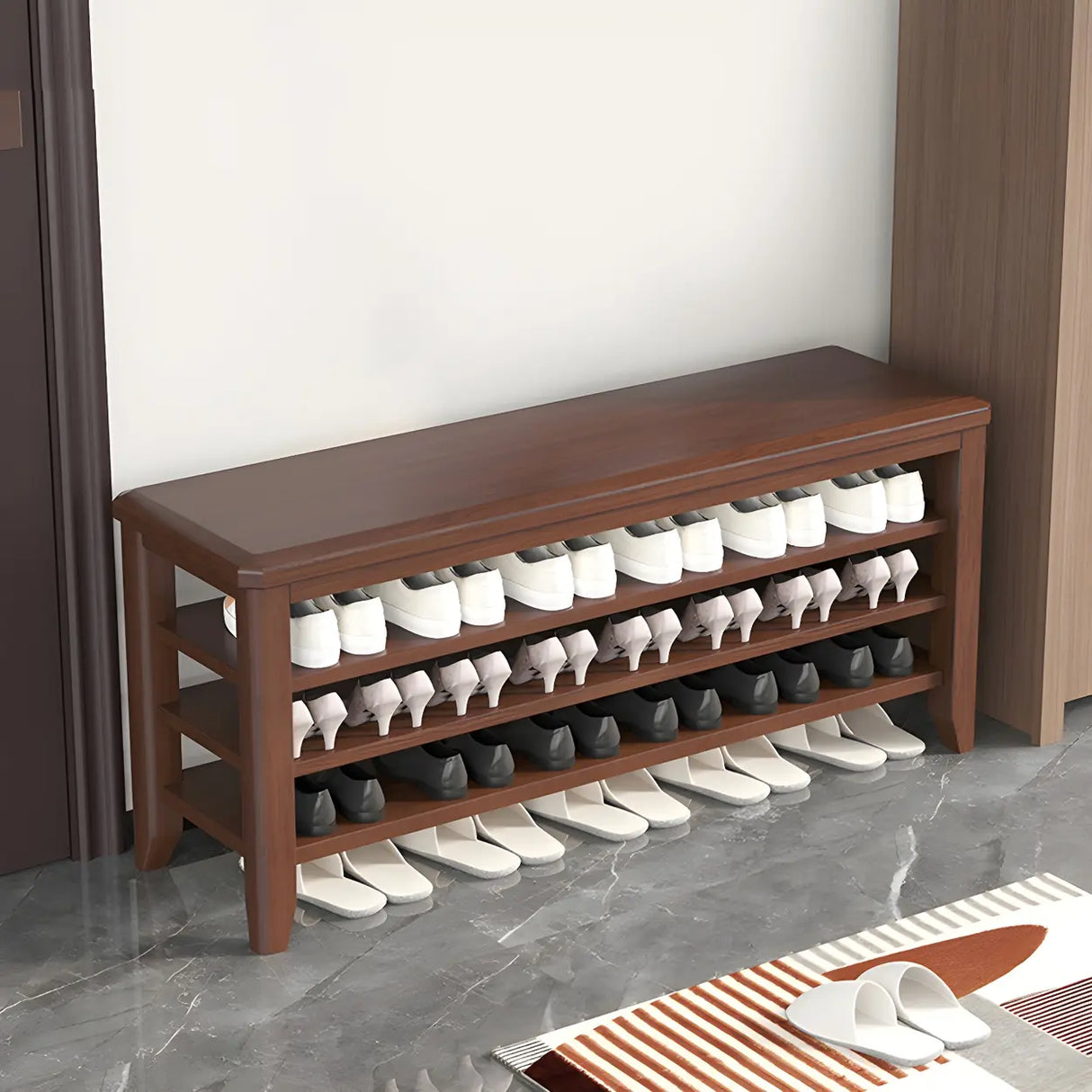 Walnut Rubberwood Entryway Bench with Shoe Storage Image - 5