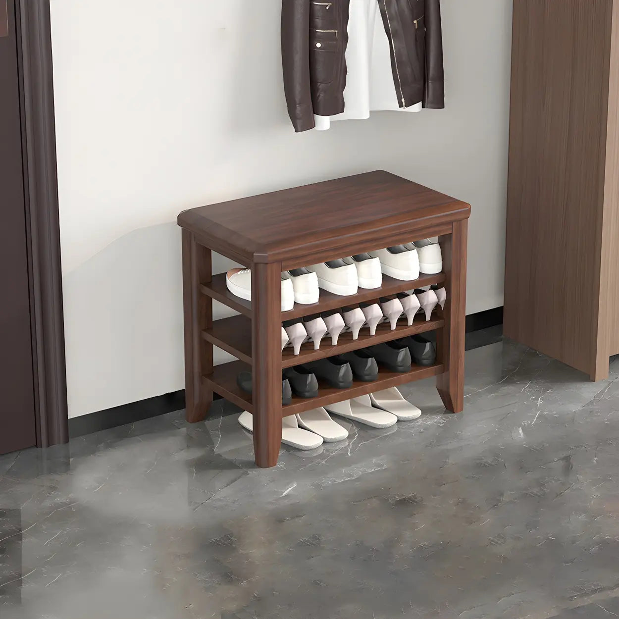 Walnut Rubberwood Entryway Bench with Shoe Storage Image - 6