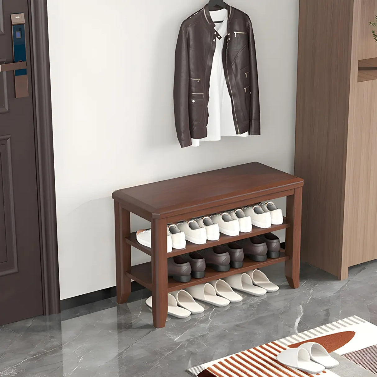 Walnut Rubberwood Entryway Bench with Shoe Storage Image - 8