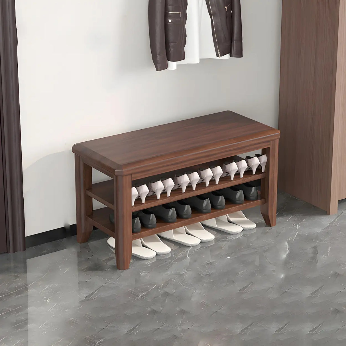 Walnut Rubberwood Entryway Bench with Shoe Storage Image - 9