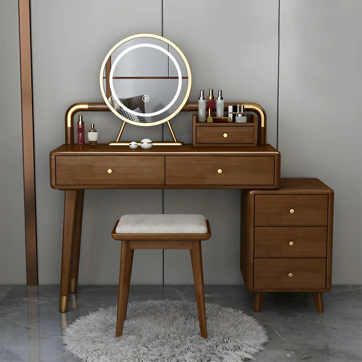 Walnut Rubberwood Makeup Vanity with Drawers and Mirror Image - 1