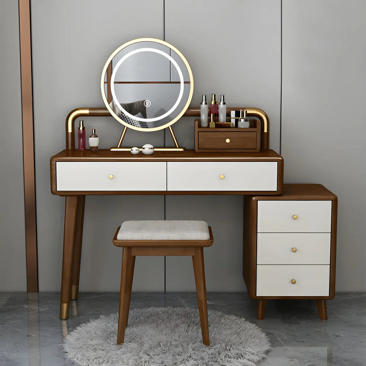 Walnut Rubberwood Makeup Vanity with Drawers and Mirror Image - 2
