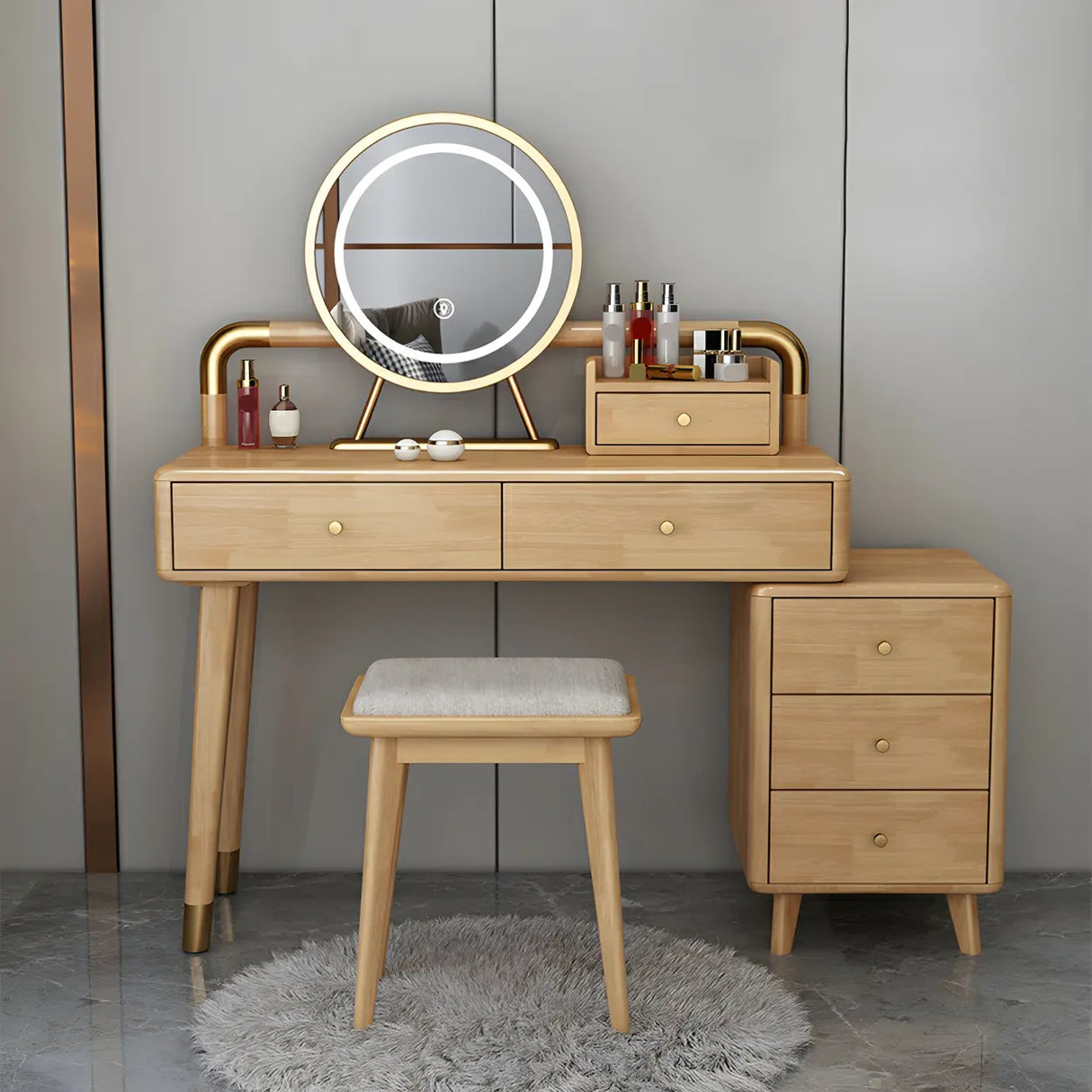 Walnut Rubberwood Makeup Vanity with Drawers and Mirror Image - 3