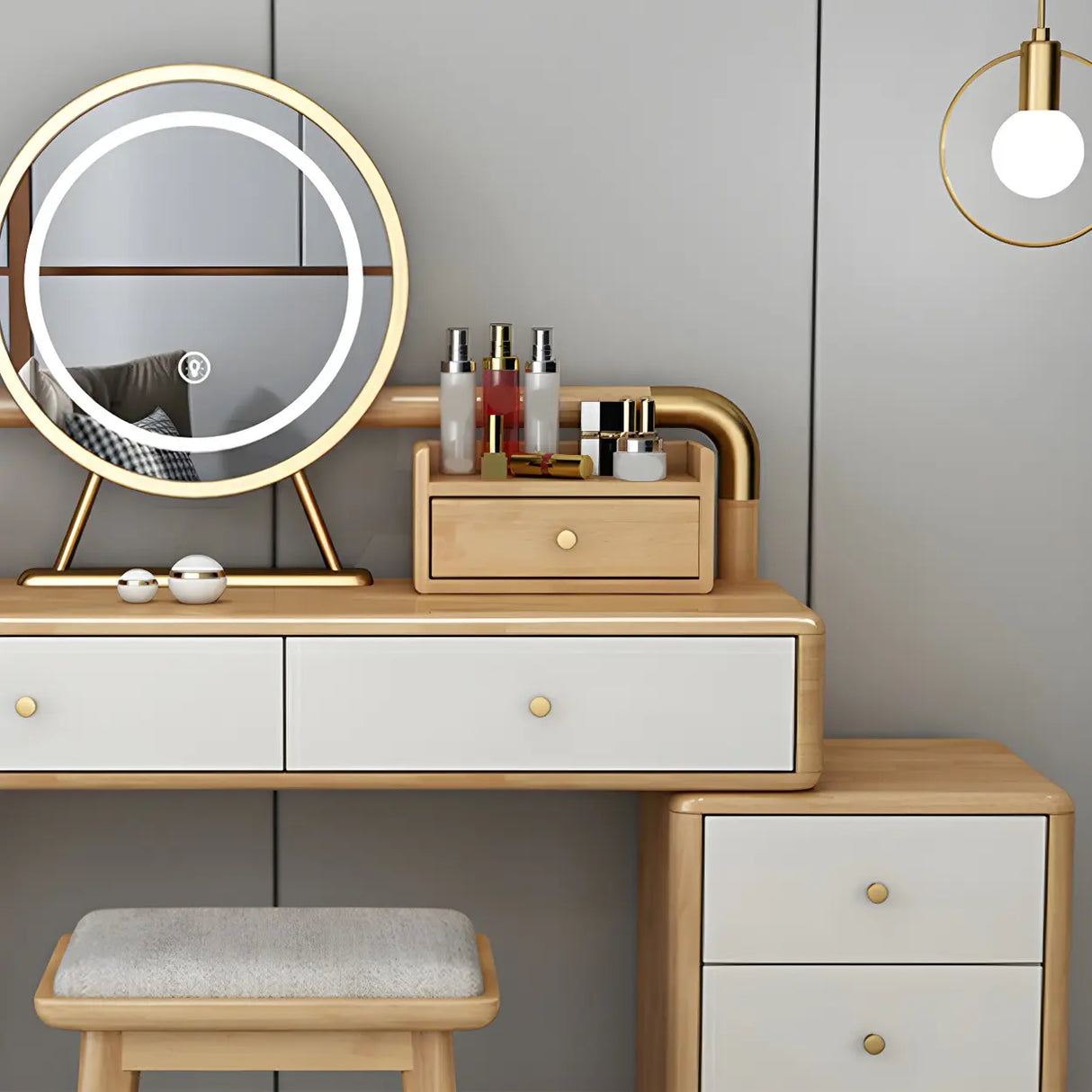 Walnut Rubberwood Makeup Vanity with Drawers and Mirror Image - 8