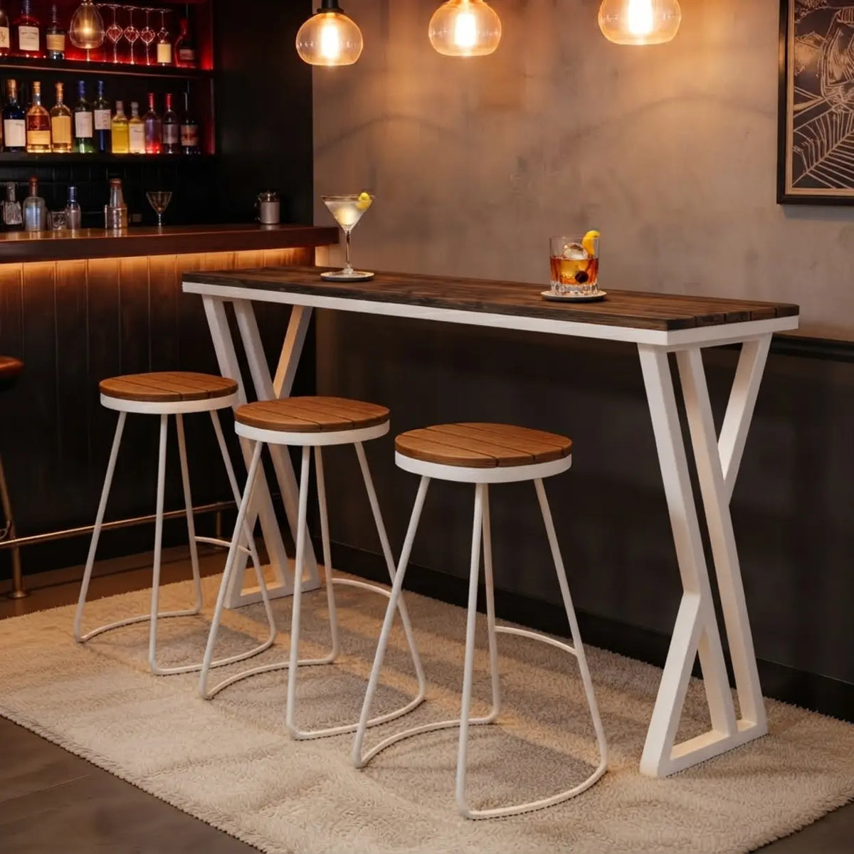 Walnut Solid Wood Rectangular Bar Table with White Metal Trestle Base Image - 1
