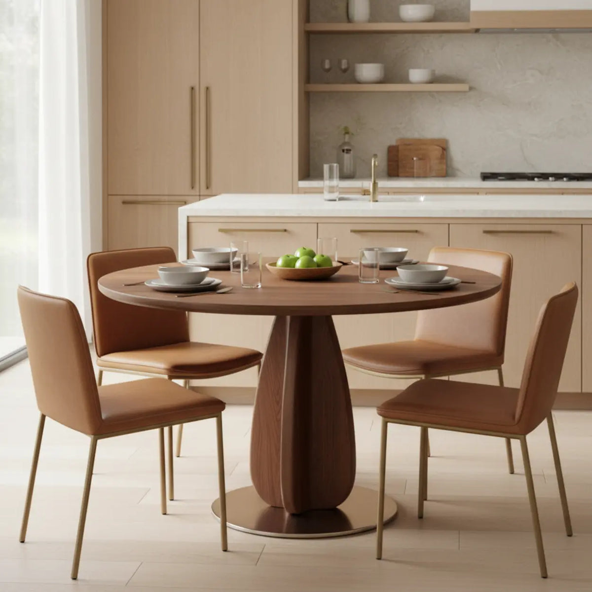 Walnut Solid Wood Round Pedestal Dining Table with Metal Base Image - 4