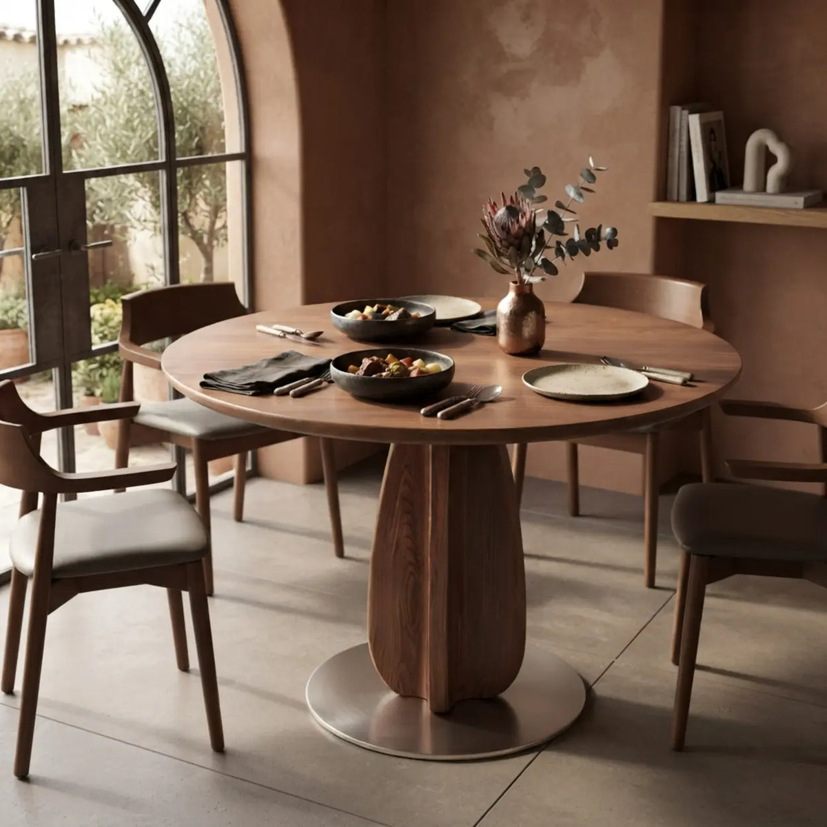 Walnut Solid Wood Round Pedestal Dining Table with Metal Base Image - 8