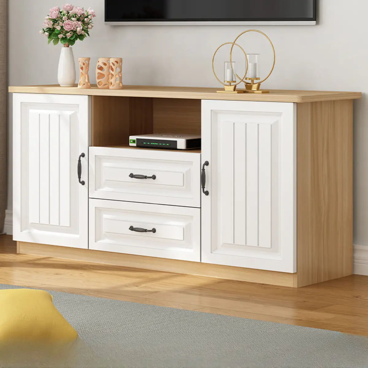 Walnut-White Wood Open Storage Rectangle TV Stand Image - 1