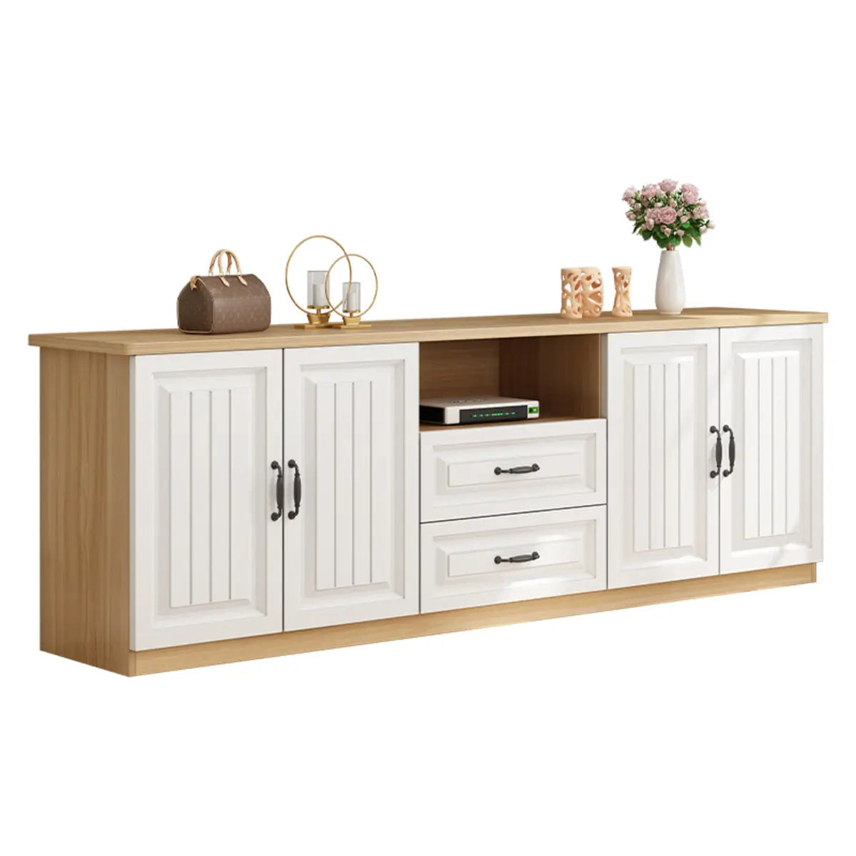 Walnut-White Wood Open Storage Rectangle TV Stand Image - 10