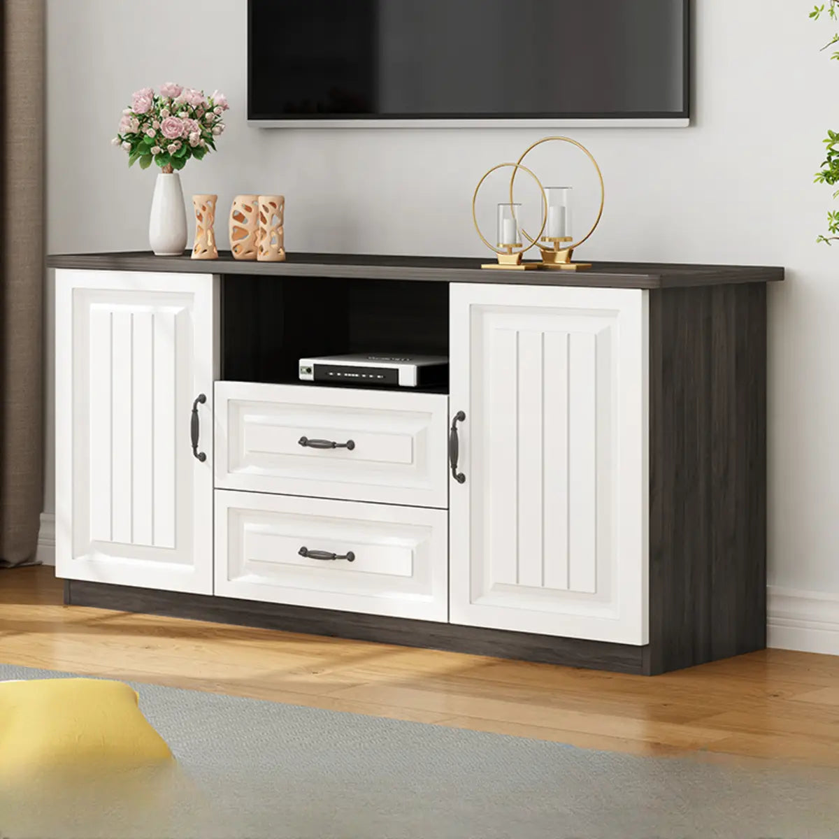 Walnut-White Wood Open Storage Rectangle TV Stand Image - 11
