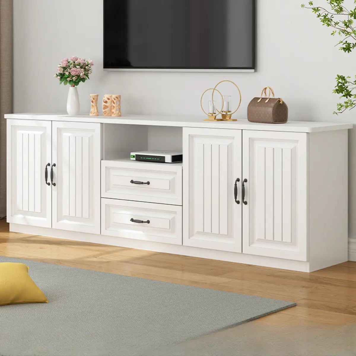 Walnut-White Wood Open Storage Rectangle TV Stand Image - 12