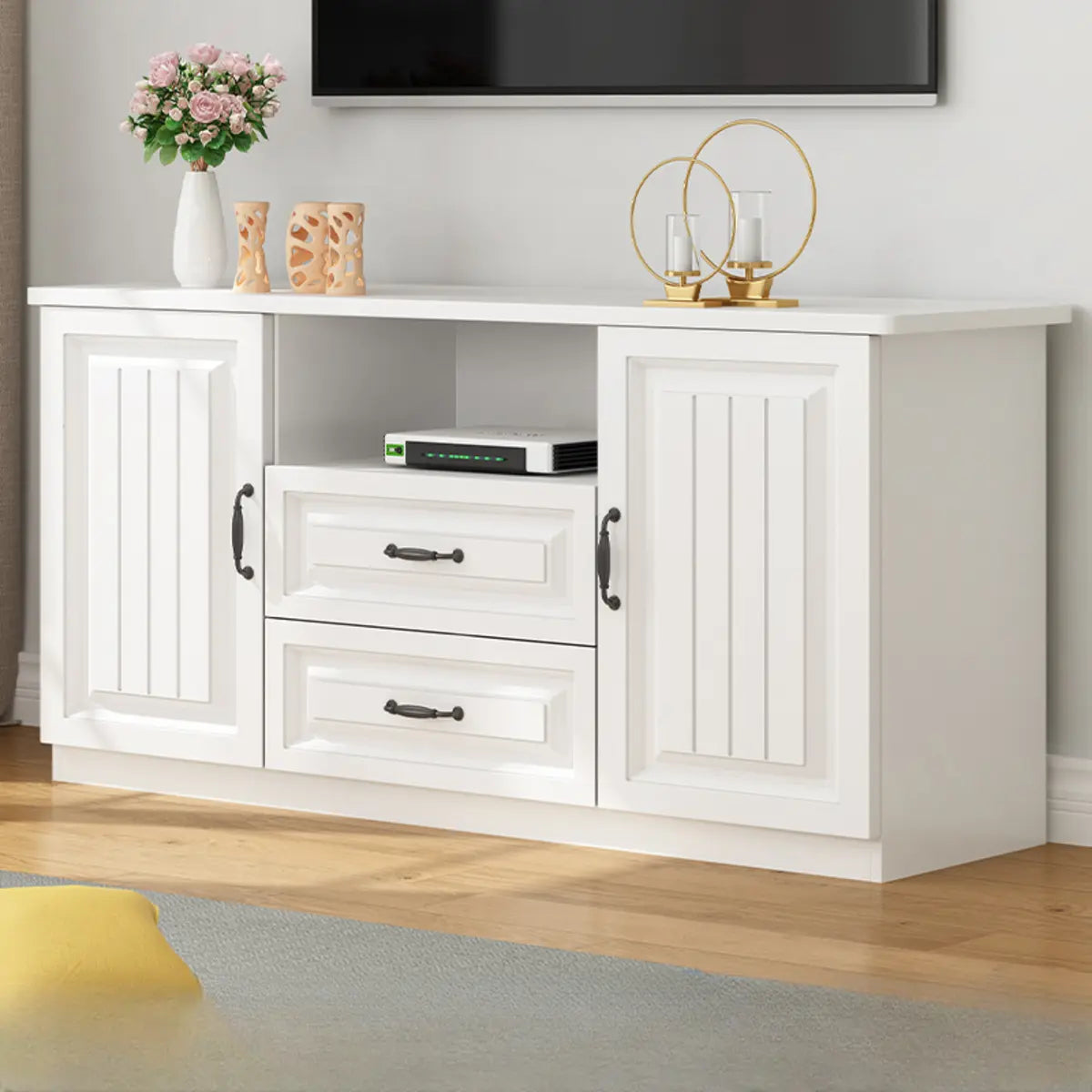 Walnut-White Wood Open Storage Rectangle TV Stand Image - 2