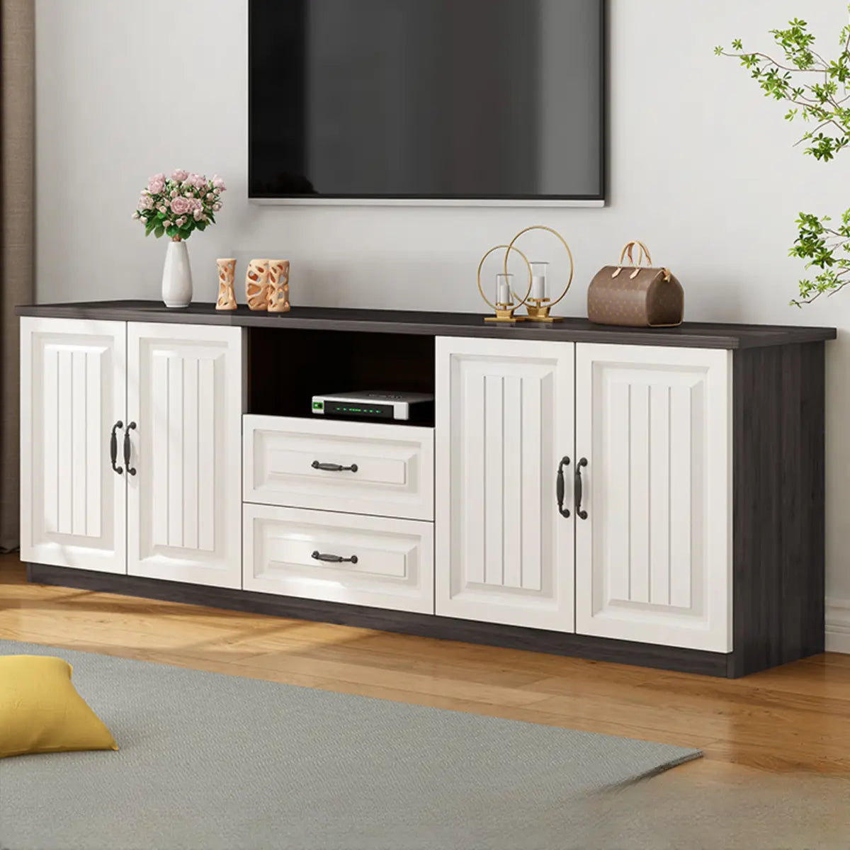 Walnut-White Wood Open Storage Rectangle TV Stand Image - 3