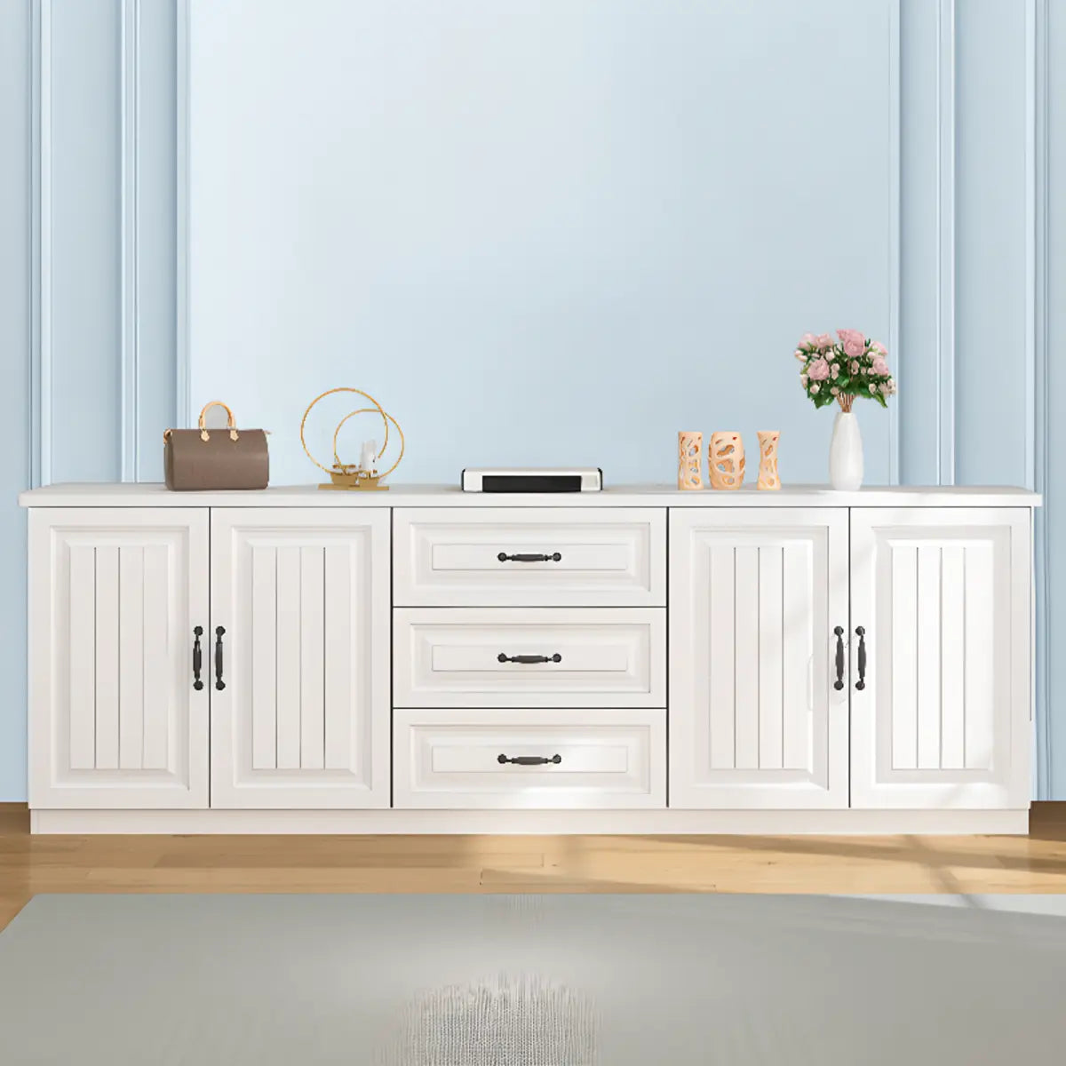 Walnut-White Wood Open Storage Rectangle TV Stand Image - 4