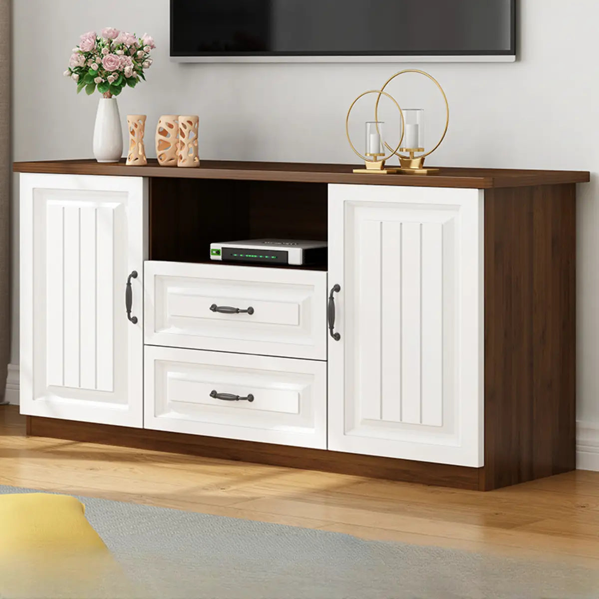 Walnut-White Wood Open Storage Rectangle TV Stand Image - 5