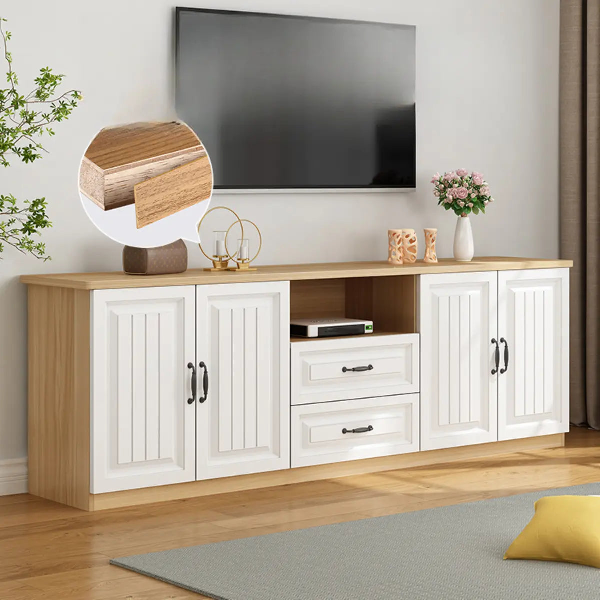 Walnut-White Wood Open Storage Rectangle TV Stand Image - 6