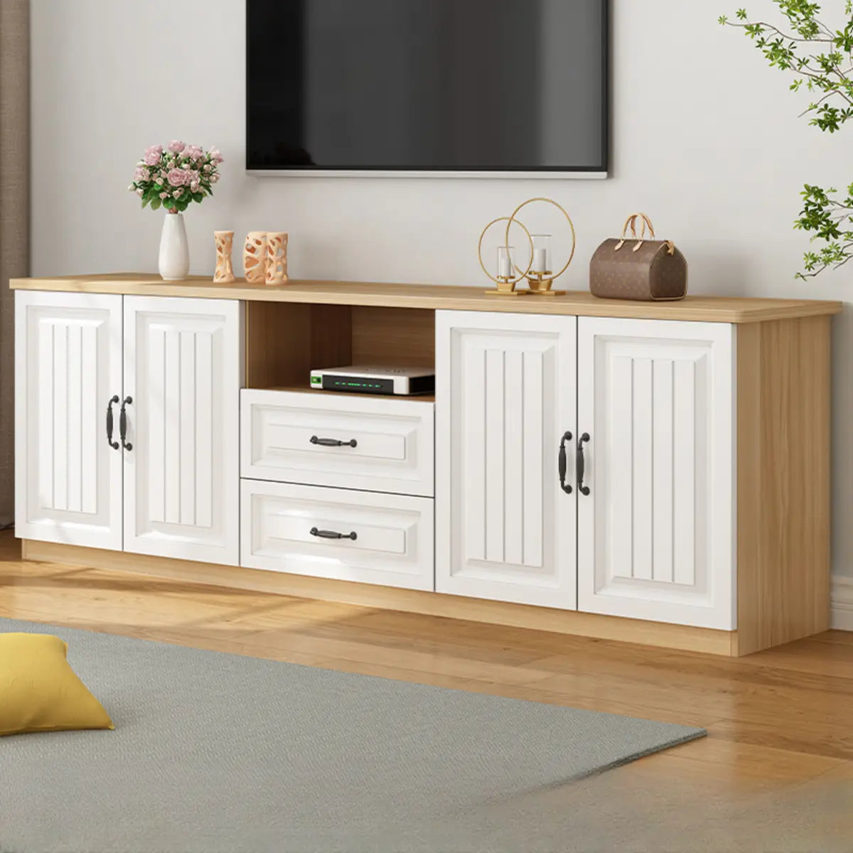 Walnut-White Wood Open Storage Rectangle TV Stand Image - 7