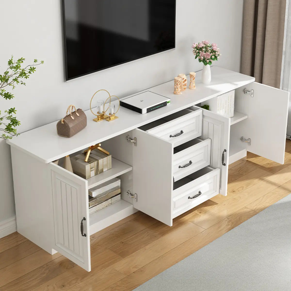 Walnut-White Wood Open Storage Rectangle TV Stand Image - 8