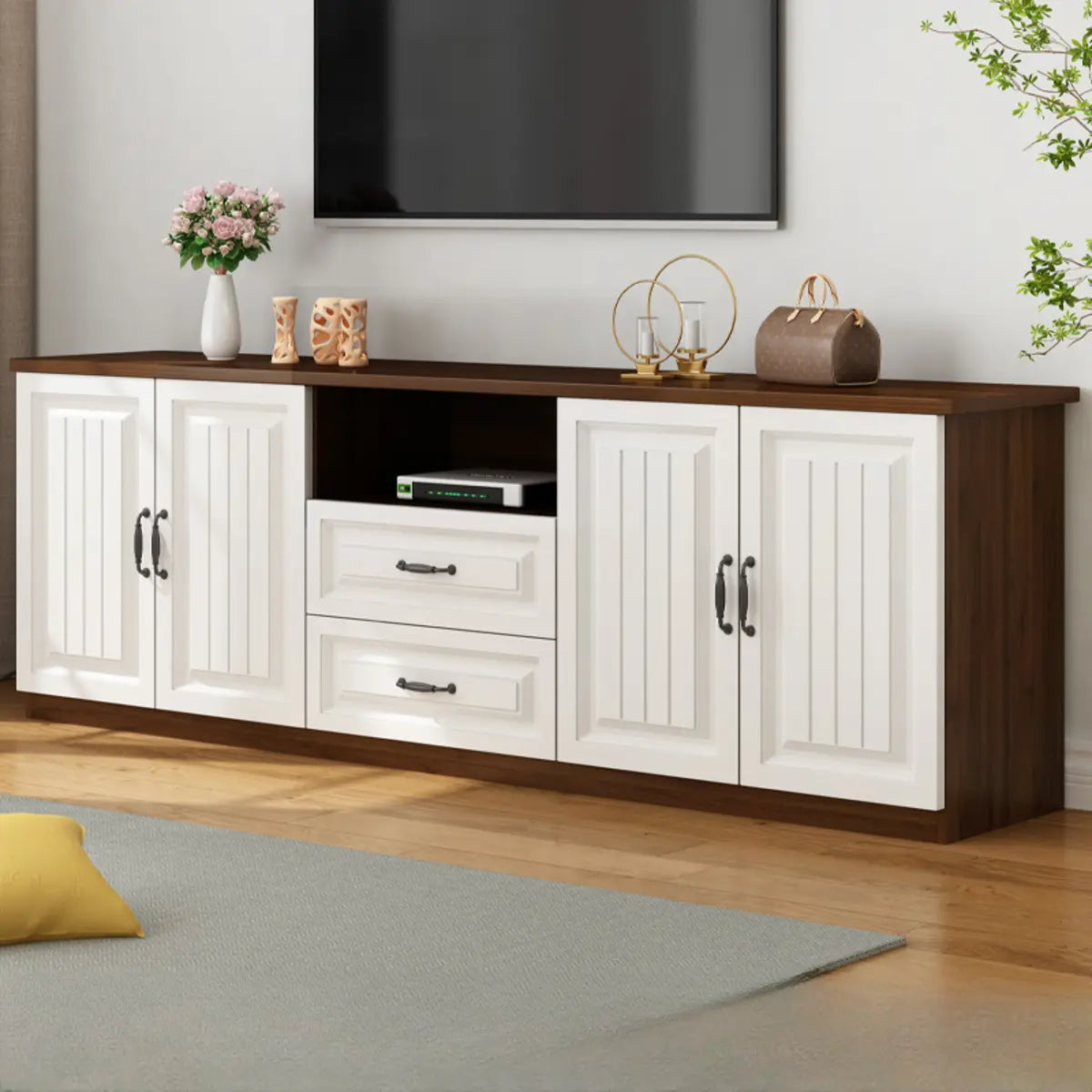 Walnut-White Wood Open Storage Rectangle TV Stand Image - 9