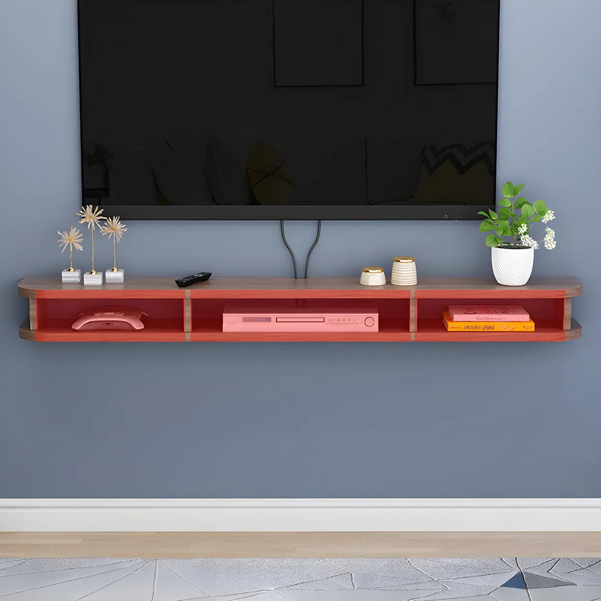Walnut Wood Floating Mount Open Storage TV Stand Image - 13