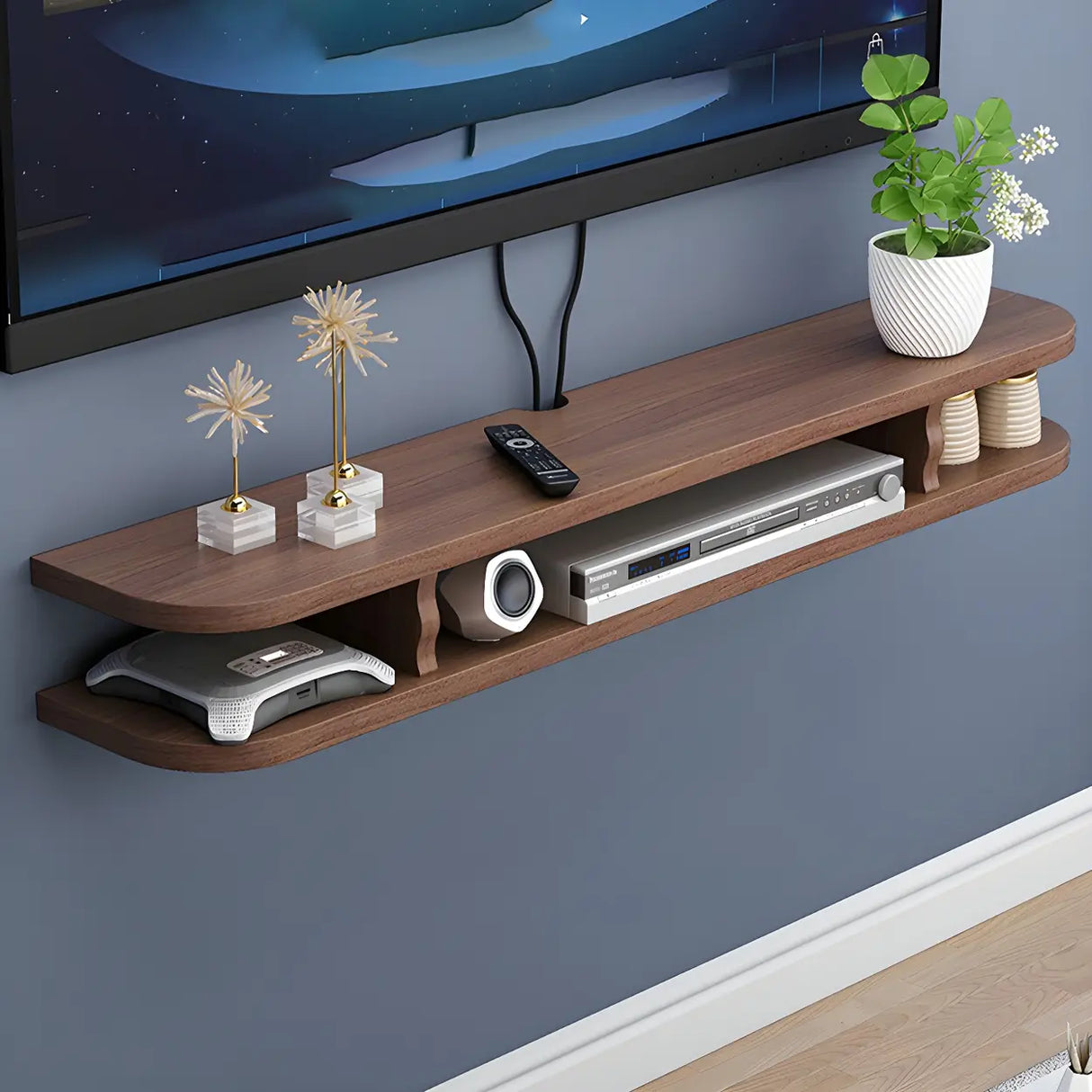 Walnut Wood Floating Mount Open Storage TV Stand Image - 14