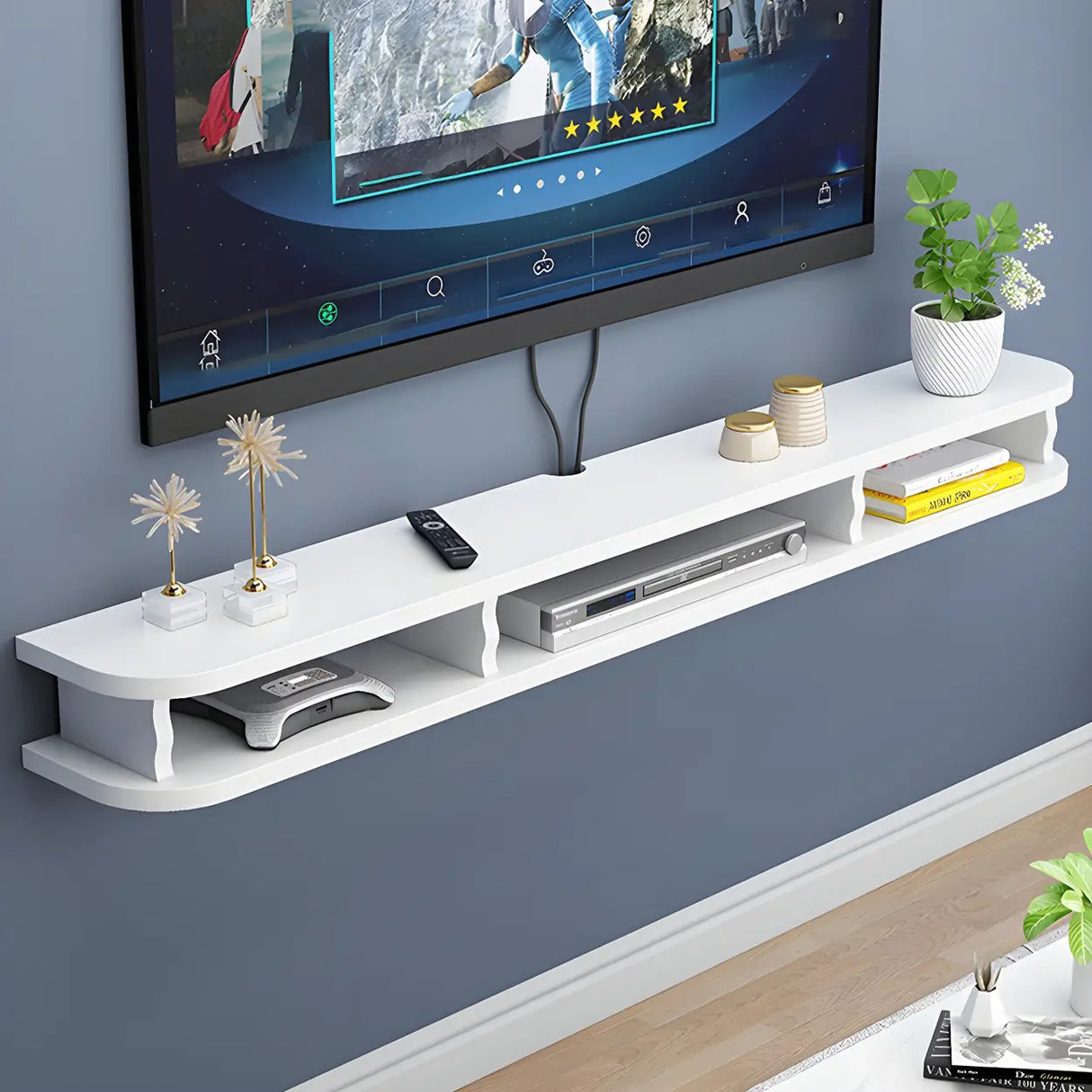 Walnut Wood Floating Mount Open Storage TV Stand Image - 15