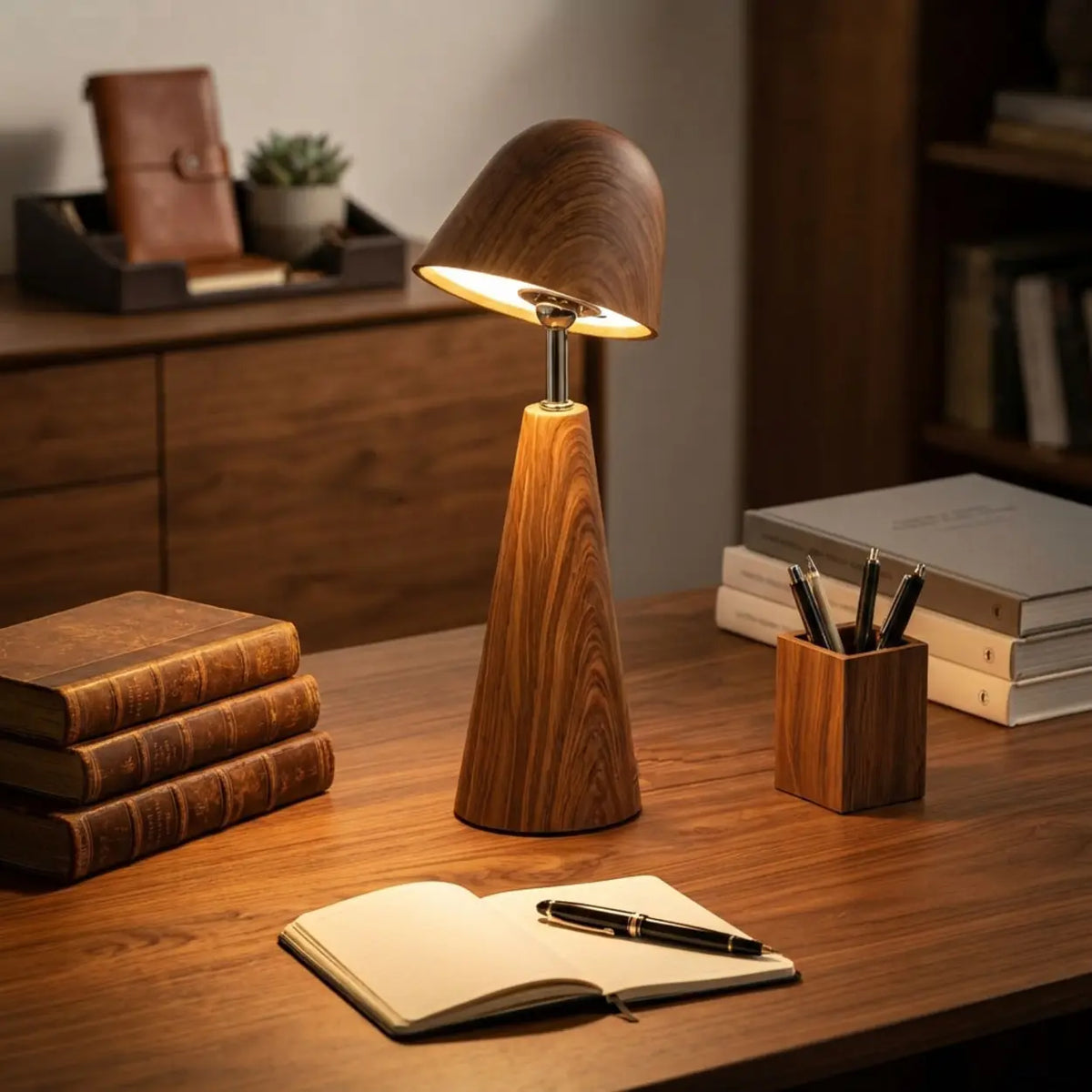 Walnut Wood Grain Ceramic Touch Dimmable LED Table Lamp Image - 5