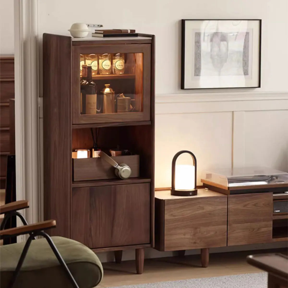 Walnut Wood Narrow Open Storage Buffet with Lighting Image - 1