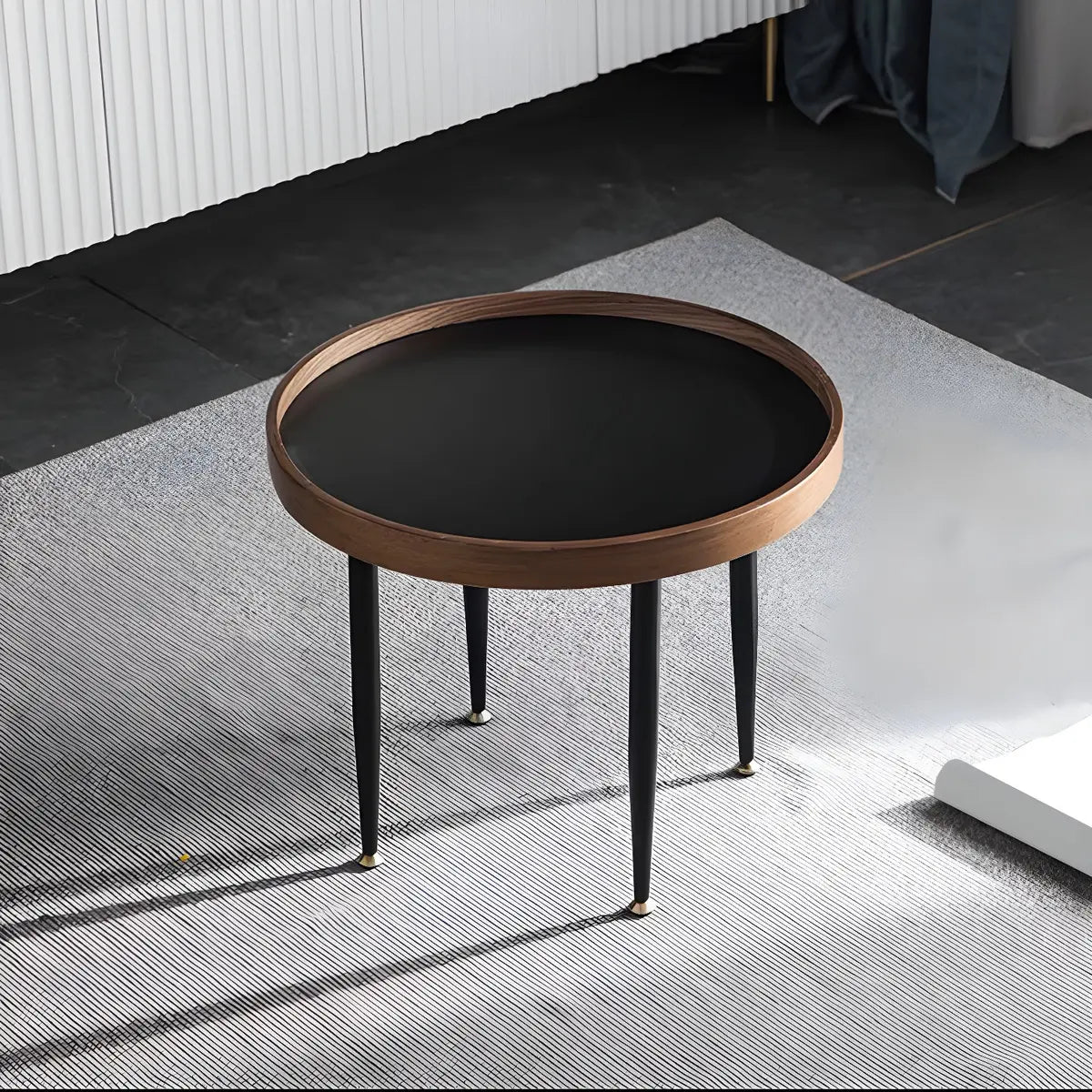 Walnut Wooden Tray Top Metal Base Round Coffee Table Image - 8