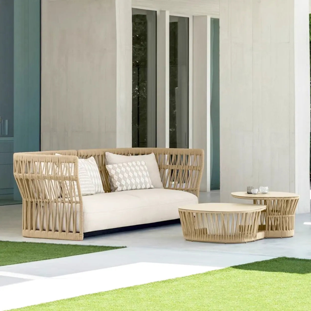 Waterproof Beige Outdoor Patio Rope Sofa Set with Cushions Image - 1