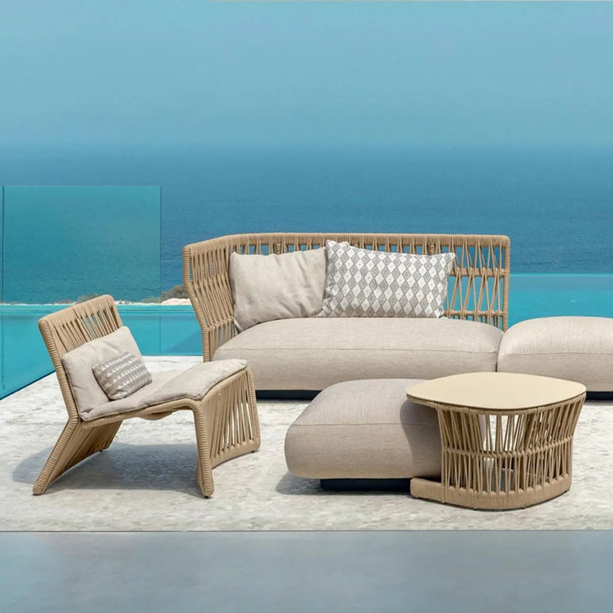 Waterproof Beige Outdoor Patio Rope Sofa Set with Cushions Image - 4