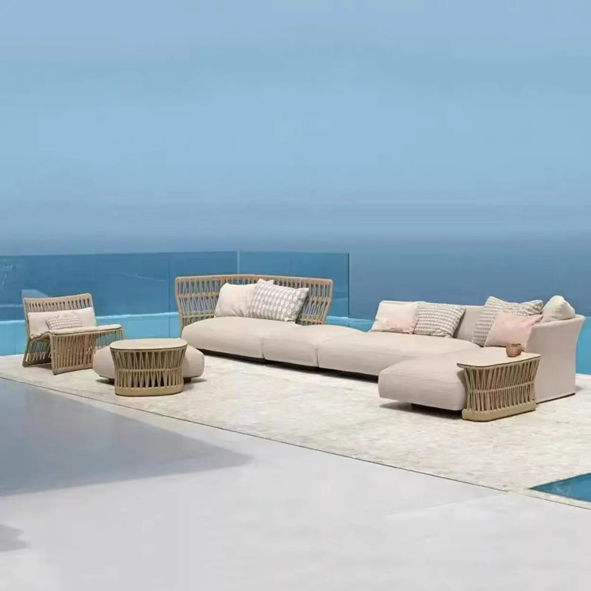 Waterproof Beige Outdoor Patio Rope Sofa Set with Cushions Image - 7