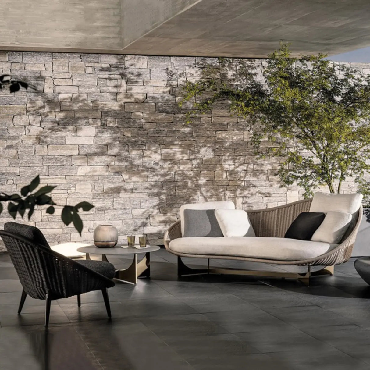 Waterproof Curved Wicker Beige Cushions Patio Sofa Set Image - 1