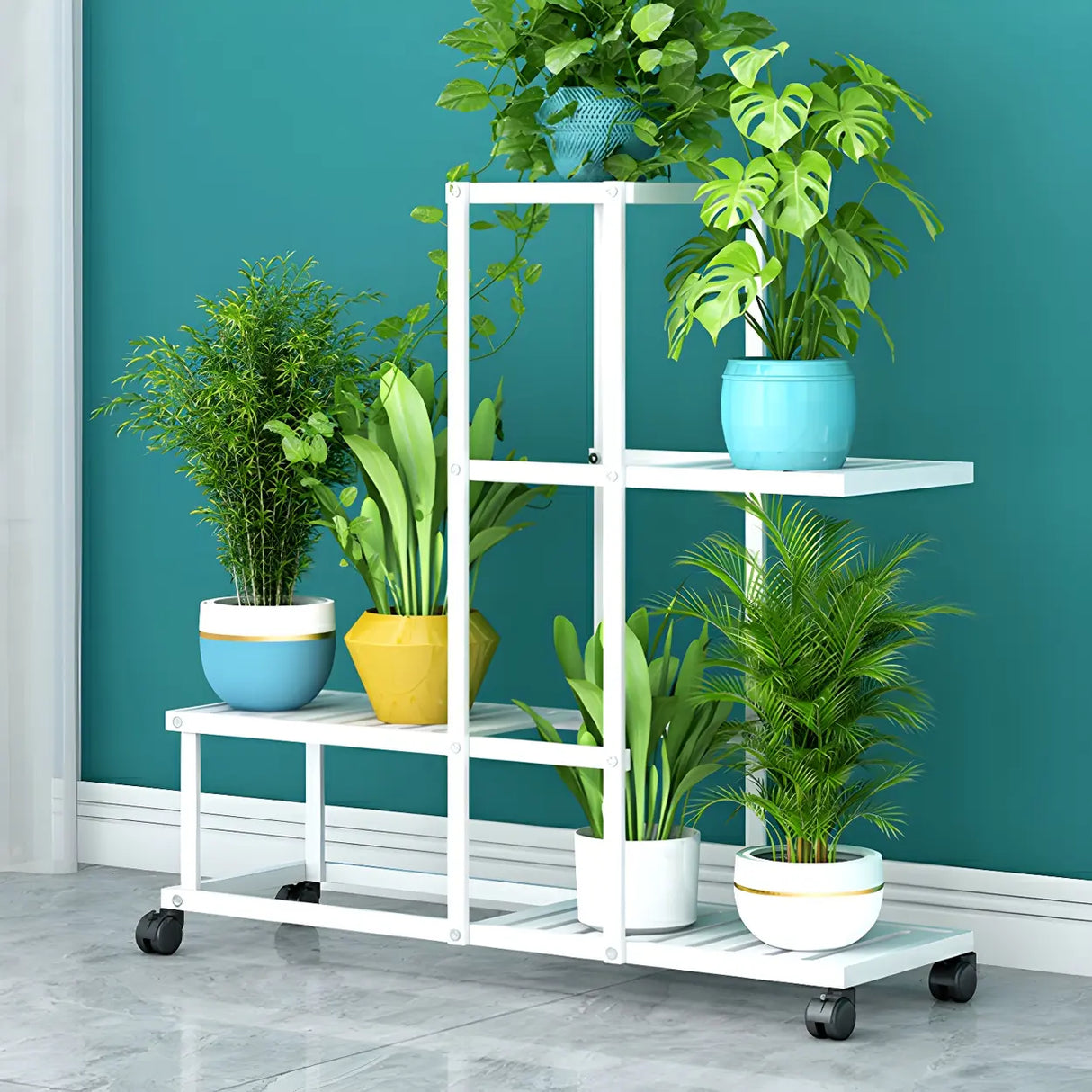 Waterproof Metal Rolling White Plant Stand with Wheels Image - 16