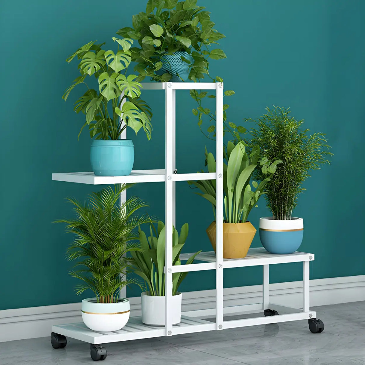Waterproof Metal Rolling White Plant Stand with Wheels Image - 1
