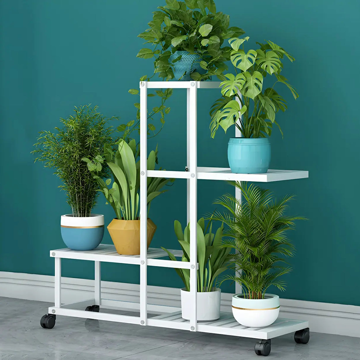Waterproof Metal Rolling White Plant Stand with Wheels Image - 2