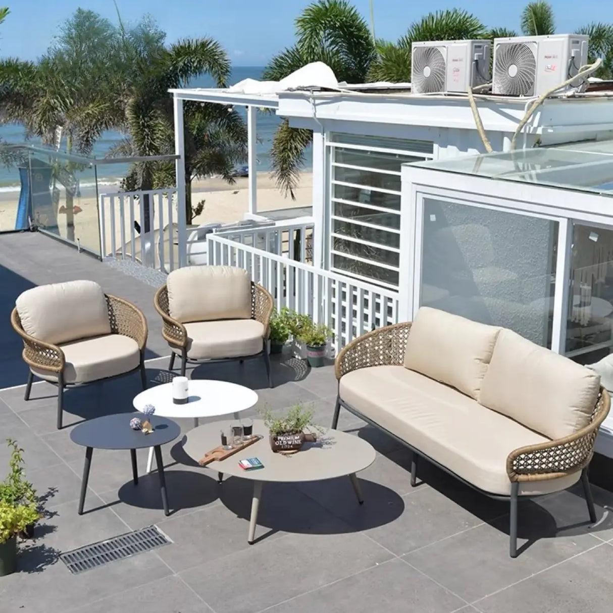 Waterproof Outdoor Round Wicker Beige Patio Furniture Set Image - 11