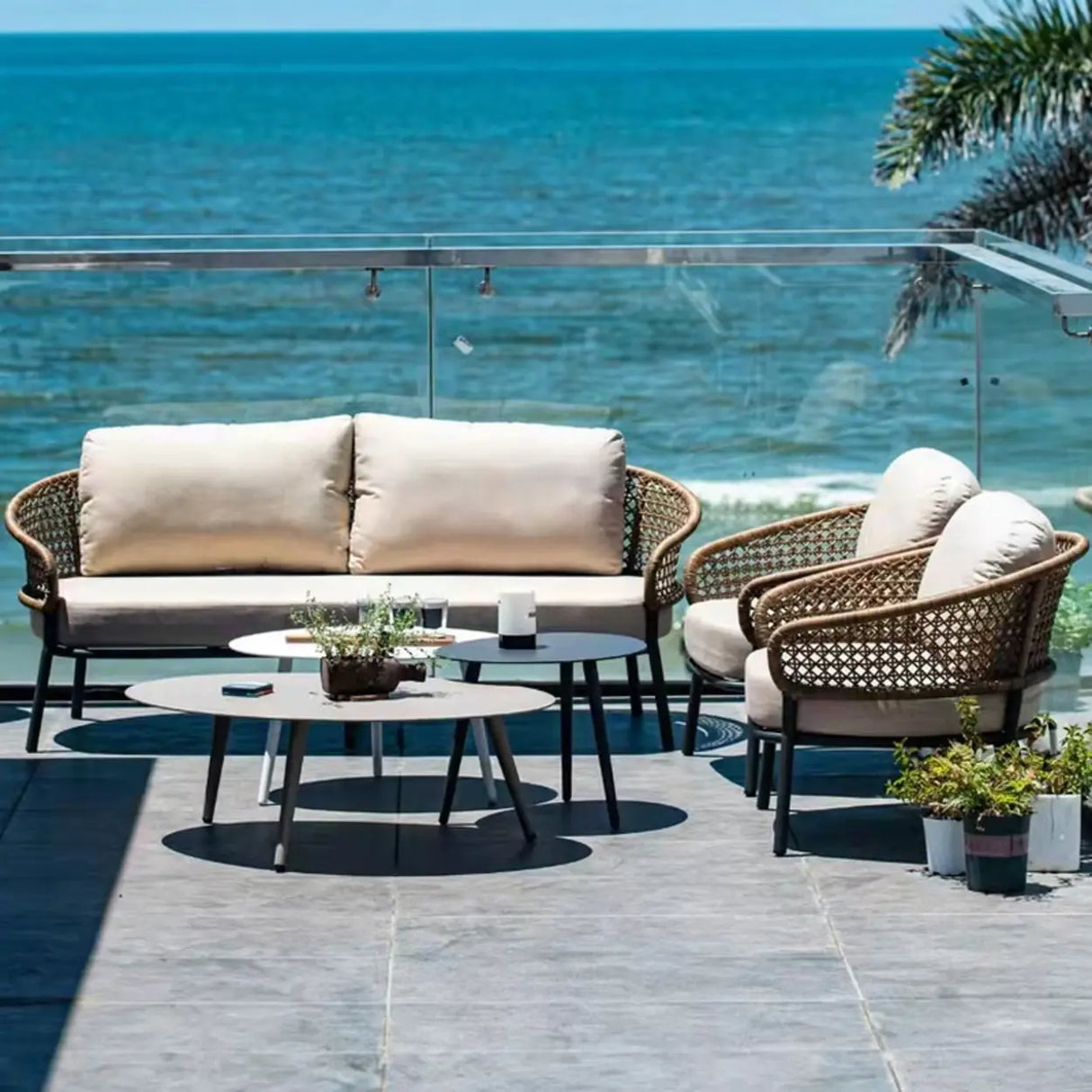 Waterproof Outdoor Round Wicker Beige Patio Furniture Set Image - 1