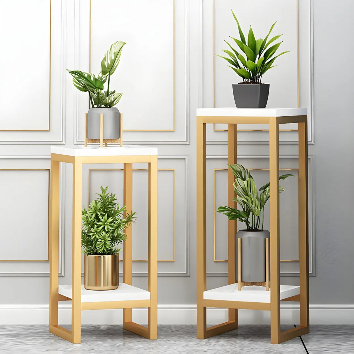 Waterproof Square Metal 2 Tiers Gold Display Plant Stand Image - 1
