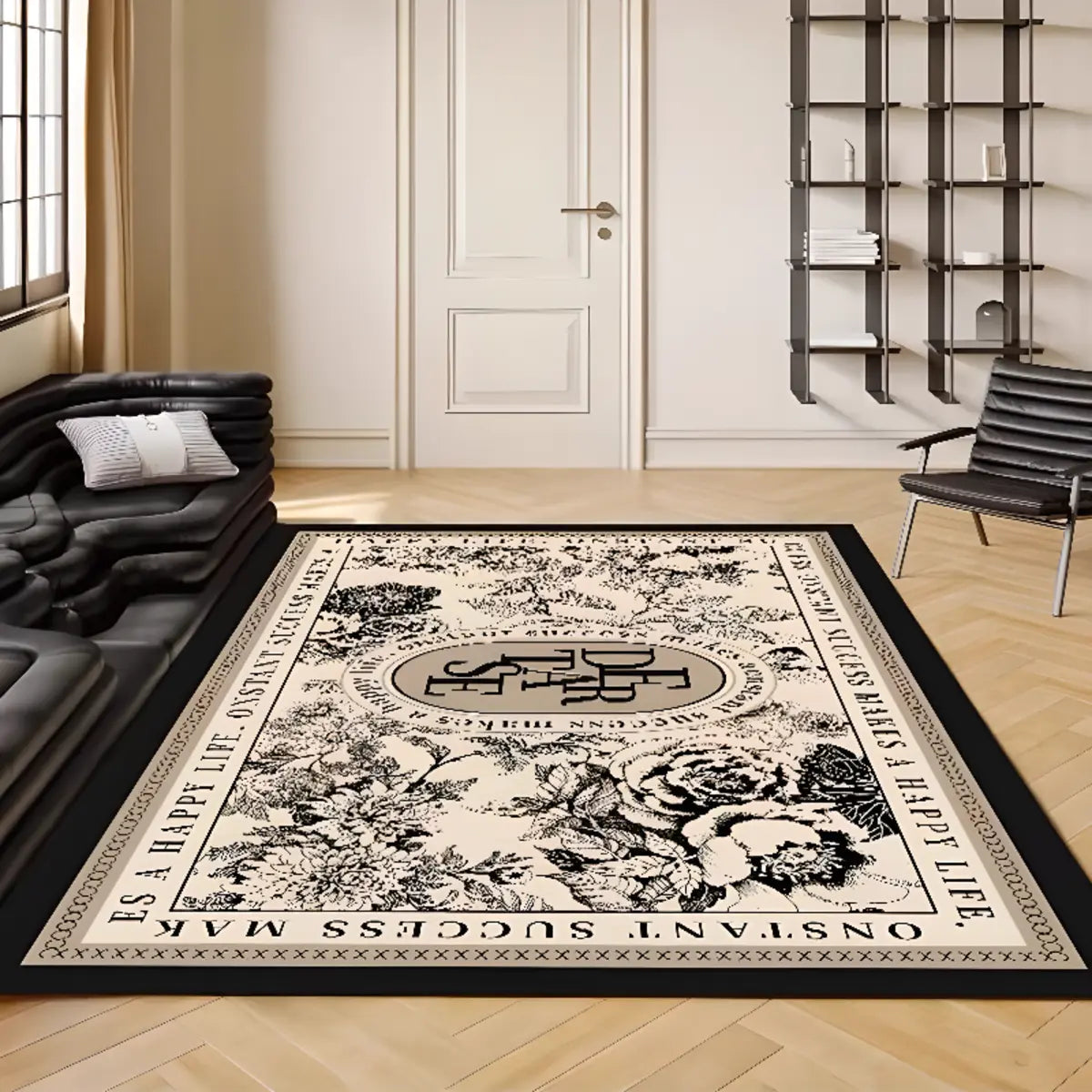 Waterproof Vintage Rectangle Black Floral Area Rug Image - 4