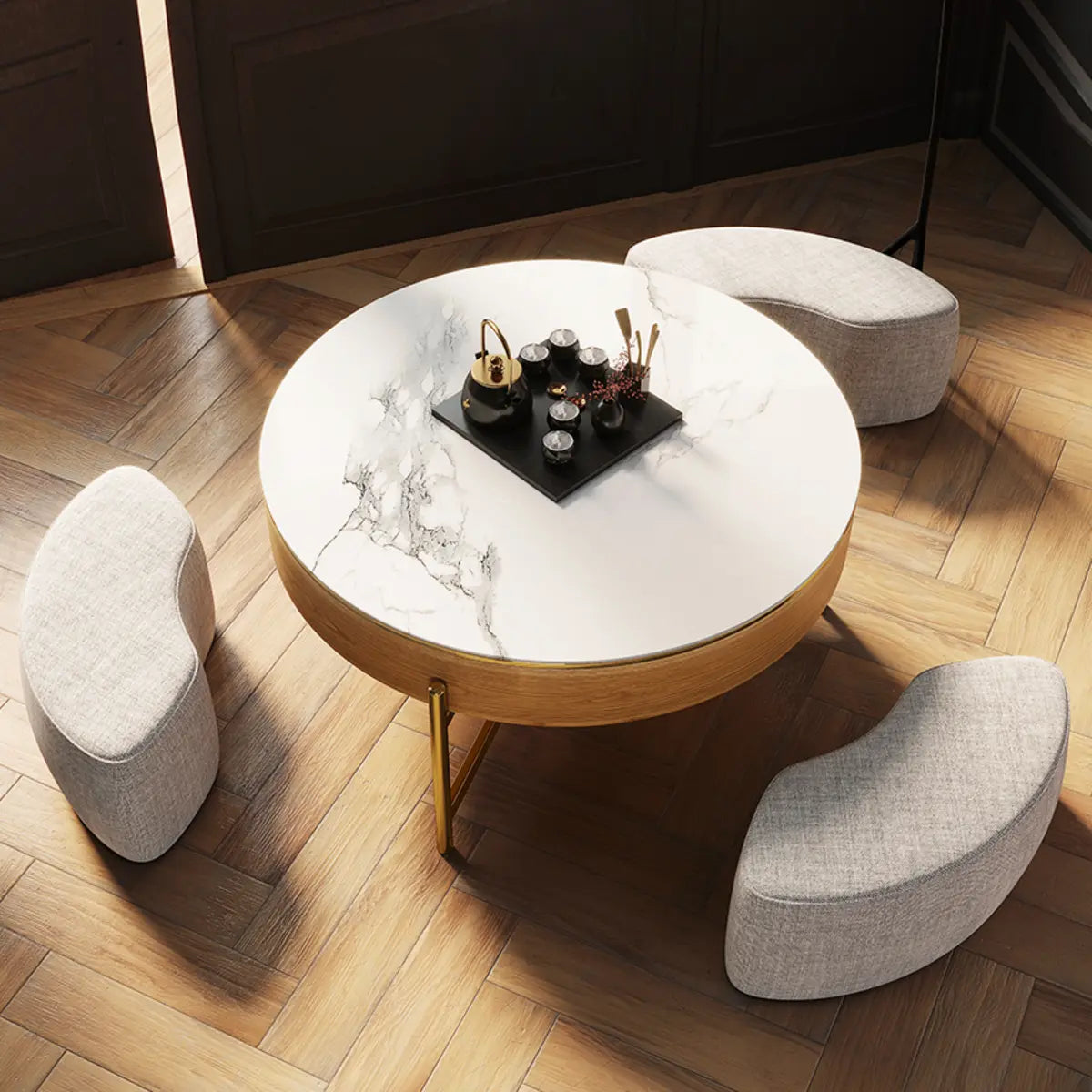 Waterproof White Stone Round Lift Top Coffee Table Image - 4