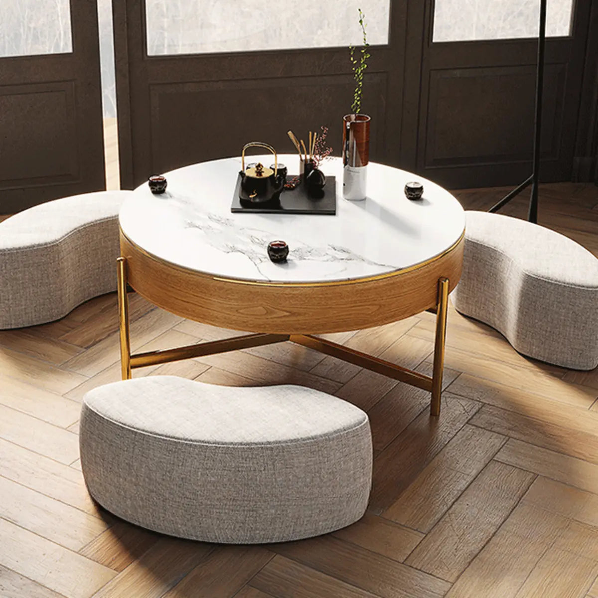 Waterproof White Stone Round Lift Top Coffee Table Image - 5