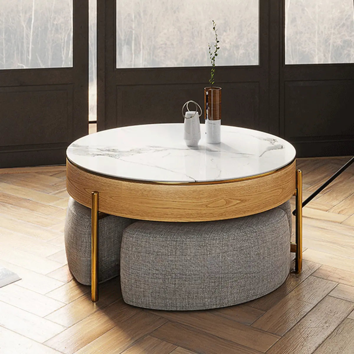 Waterproof White Stone Round Lift Top Coffee Table Image - 6