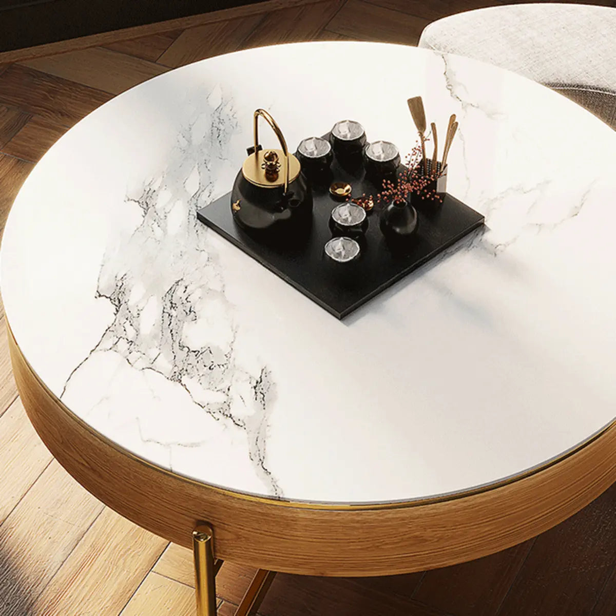 Waterproof White Stone Round Lift Top Coffee Table Image - 7