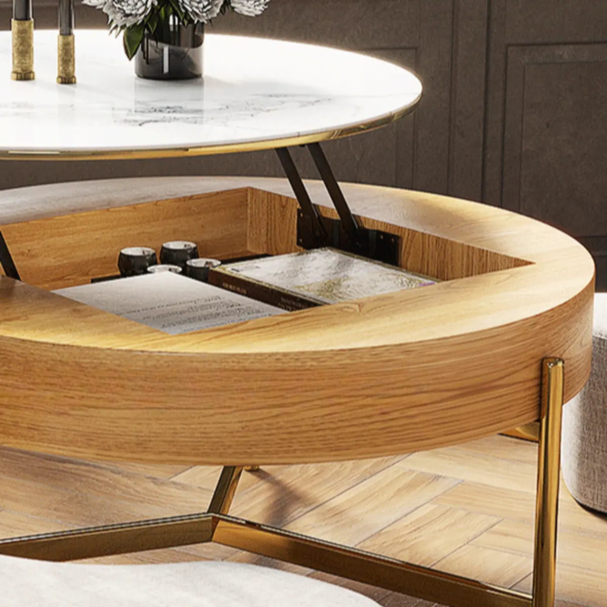 Waterproof White Stone Round Lift Top Coffee Table Image - 9