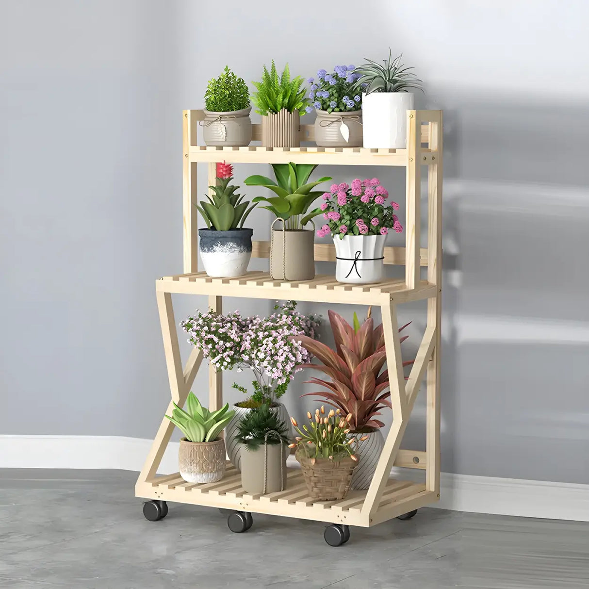 Waterproof Wood Balcony Brown Plant Stand with Wheels Image - 11